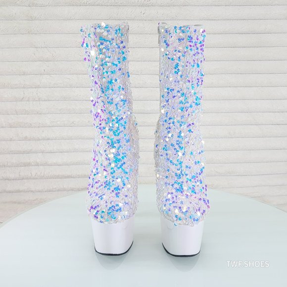 White Ice Multi Sequin Platform 7" Heels Ankle Boots Adore 1042 - Picture 6 of 8